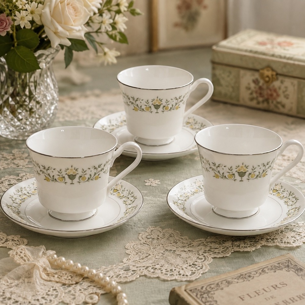 Sterling China Co. Florentine Cups & Saucers Set Of 3 Shabby Chic Cottagecore